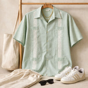 Guayabera | Green Striped Poly Cotton Cuban Classic Shirt | XXL | Coastalcore